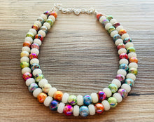 Load image into Gallery viewer, Rainbow + White Lava Lamp Statement Necklace, chunky multi-strand jewelry, green yellow pink colorful necklace, silver blue jewelry