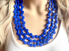 Load image into Gallery viewer, Royal Blue 3 Strand Statement Necklace, Chunky Jewelry Big Beaded Necklace, dark blue Necklace, geometric zig zag bubble round earrings