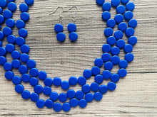 Load image into Gallery viewer, Royal Blue 3 Strand Statement Necklace, Chunky Jewelry Big Beaded Necklace, dark blue Necklace, geometric zig zag bubble round earrings
