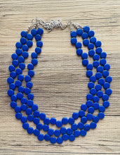 Load image into Gallery viewer, Royal Blue 3 Strand Statement Necklace, Chunky Jewelry Big Beaded Necklace, dark blue Necklace, geometric zig zag bubble round earrings