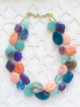 Load image into Gallery viewer, Starry Night Beach statement necklace, Beaded statement necklace, blue necklace, bib necklace, purple teal royal green bridesmaids chunky