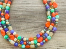 Load image into Gallery viewer, Cobblestone Creek Beaded Necklace, 3 strand Chunky statement necklace, big beaded necklace jewelry, purple orange green tan