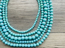 Load image into Gallery viewer, Turquoise Beaded statement necklace, extra chunky graduated bead blue green jewelry, turquoise long necklace jewelry, green earrings