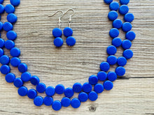 Load image into Gallery viewer, Royal Blue 2 Strand Statement Necklace, Chunky Jewelry Big Beaded Necklace, dark blue Necklace, geometric zig zag bubble round earrings