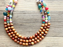 Load image into Gallery viewer, Statement Necklace, rainbow & wood triple strand chunky bib beaded jewelry, colorful bead necklace, thick textured rainbow statement