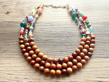 Load image into Gallery viewer, Statement Necklace, rainbow & wood triple strand chunky bib beaded jewelry, colorful bead necklace, thick textured rainbow statement