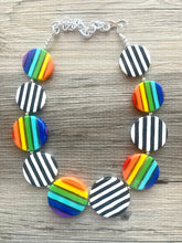 Load image into Gallery viewer, Colorful Contrast Beaded Necklace, Colorful Jewelry, Chunky statement necklace, big beaded necklace, rainbow jewelry, gay pride black white