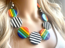 Load image into Gallery viewer, Colorful Contrast Beaded Necklace, Colorful Jewelry, Chunky statement necklace, big beaded necklace, rainbow jewelry, gay pride black white