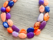 Load image into Gallery viewer, Clementine Purple Chunky Statement Necklace, Big beaded jewelry, Double Strand Statement Necklace, orange bridesmaid wedding lavender
