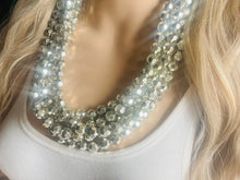 Load image into Gallery viewer, Super Shiny Silver Chunky Statement Necklace, Big beaded jewelry, Gray 5 Strand Statement Necklace, Bib necklace winter resin mirror