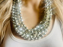 Load image into Gallery viewer, Super Shiny Silver Chunky Statement Necklace, Big beaded jewelry, Gray 5 Strand Statement Necklace, Bib necklace winter resin mirror