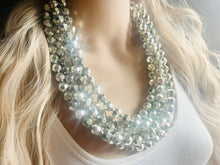 Load image into Gallery viewer, Super Shiny Silver Chunky Statement Necklace, Big beaded jewelry, Gray 5 Strand Statement Necklace, Bib necklace winter resin mirror