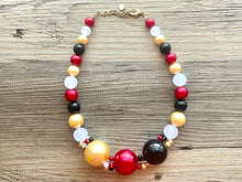 Load image into Gallery viewer, New Years Eve 1 Strand Statement Necklace, bib necklace, acrylic pearl necklace, gold black red white jewelry, single beaded long layering