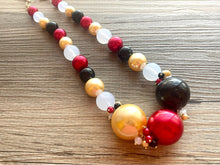 Load image into Gallery viewer, New Years Eve 1 Strand Statement Necklace, bib necklace, acrylic pearl necklace, gold black red white jewelry, single beaded long layering