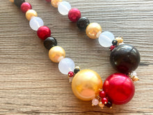 Load image into Gallery viewer, New Years Eve 1 Strand Statement Necklace, bib necklace, acrylic pearl necklace, gold black red white jewelry, single beaded long layering