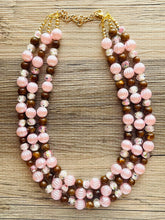 Load image into Gallery viewer, Blush Pink & Rose statement necklace, chunky bib necklace, beaded jewelry brown neutral necklace, 3 strand magenta jewelry baby pink
