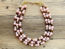Load image into Gallery viewer, Blush Pink & Rose statement necklace, chunky bib necklace, beaded jewelry brown neutral necklace, 3 strand magenta jewelry baby pink