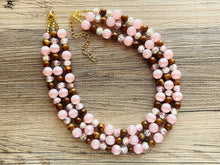 Load image into Gallery viewer, Blush Pink & Rose statement necklace, chunky bib necklace, beaded jewelry brown neutral necklace, 3 strand magenta jewelry baby pink