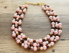Load image into Gallery viewer, Blush Pink & Rose statement necklace, chunky bib necklace, beaded jewelry brown neutral necklace, 3 strand magenta jewelry baby pink