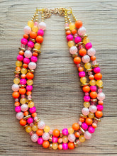 Load image into Gallery viewer, Summer Camp 3 Strand Orange Ombré Statement Necklace, orange beaded jewelry bridesmaid, pumpkin tie dye hot pink yellow earrings