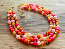 Load image into Gallery viewer, Summer Camp 3 Strand Orange Ombré Statement Necklace, orange beaded jewelry bridesmaid, pumpkin tie dye hot pink yellow earrings