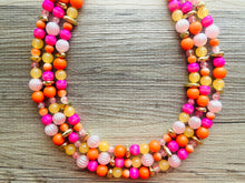 Load image into Gallery viewer, Summer Camp 3 Strand Orange Ombré Statement Necklace, orange beaded jewelry bridesmaid, pumpkin tie dye hot pink yellow earrings