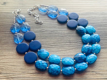 Load image into Gallery viewer, Beauty Beach Necklace, multi strand jewelry, big beaded chunky statement necklace, blue clear resin chambray, navy wood bridesmaid earrings