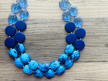 Load image into Gallery viewer, Beauty Beach Necklace, multi strand jewelry, big beaded chunky statement necklace, blue clear resin chambray, navy wood bridesmaid earrings