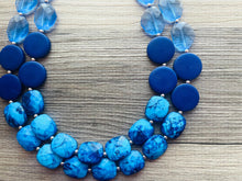 Load image into Gallery viewer, Beauty Beach Necklace, multi strand jewelry, big beaded chunky statement necklace, blue clear resin chambray, navy wood bridesmaid earrings