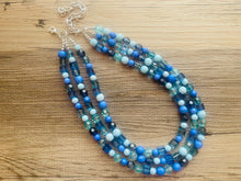 Load image into Gallery viewer, Port side Blue Ombré Chunky Statement Necklace, multi Strand Beaded Jewelry, dark blue jewelry, 3 strand chunky bib mint green