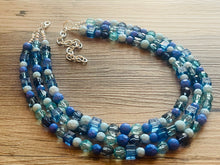 Load image into Gallery viewer, Port side Blue Ombré Chunky Statement Necklace, multi Strand Beaded Jewelry, dark blue jewelry, 3 strand chunky bib mint green