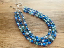 Load image into Gallery viewer, Port side Blue Ombré Chunky Statement Necklace, multi Strand Beaded Jewelry, dark blue jewelry, 3 strand chunky bib mint green