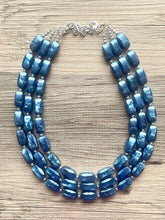 Load image into Gallery viewer, Royal Blue Necklace, 3 strand jewelry, tube beaded chunky statement necklace, blue necklace, Metallic navy royal blue jewelry