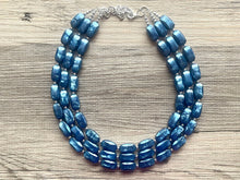 Load image into Gallery viewer, Royal Blue Necklace, 3 strand jewelry, tube beaded chunky statement necklace, blue necklace, Metallic navy royal blue jewelry