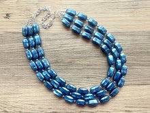 Load image into Gallery viewer, Royal Blue Necklace, 3 strand jewelry, tube beaded chunky statement necklace, blue necklace, Metallic navy royal blue jewelry