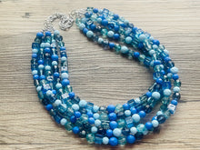 Load image into Gallery viewer, Sky side Blue Ombré Chunky Statement Necklace, multi Strand Beaded Jewelry, dark blue jewelry, 5 strand chunky bib mint green