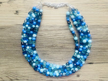 Load image into Gallery viewer, Sky side Blue Ombré Chunky Statement Necklace, multi Strand Beaded Jewelry, dark blue jewelry, 5 strand chunky bib mint green