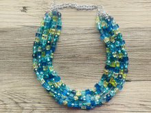 Load image into Gallery viewer, Seaside Blue Ombré Chunky Statement Necklace, multi Strand Beaded Jewelry, dark blue jewelry, 5 strand chunky bib green