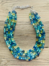Load image into Gallery viewer, Seaside Blue Ombré Chunky Statement Necklace, multi Strand Beaded Jewelry, dark blue jewelry, 5 strand chunky bib green