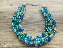 Load image into Gallery viewer, Seaside Blue Ombré Chunky Statement Necklace, multi Strand Beaded Jewelry, dark blue jewelry, 5 strand chunky bib green