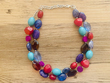 Load image into Gallery viewer, Berry Good Chunky Statement Necklace, Double Strand Beaded Jewelry, cranberry Blue jewelry, bridesmaid wedding bib resin purple turquoise