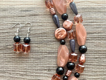 Load image into Gallery viewer, Dusty Rose & Black Pink Chunky Statement Necklace, big beaded bib necklace, brown jewelry, bridesmaid necklace, rosegold champagne