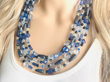 Load image into Gallery viewer, Black & Blue Ombré Chunky Statement Necklace, multi Strand Beaded Jewelry, dark blue jewelry, 5 strand chunky bib gray aqua
