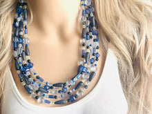 Load image into Gallery viewer, Black & Blue Ombré Chunky Statement Necklace, multi Strand Beaded Jewelry, dark blue jewelry, 5 strand chunky bib gray aqua