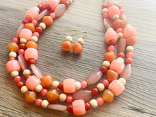 Load image into Gallery viewer, Sedona Sunrise Beaded Necklace, 3 strand Chunky statement necklace, big beaded necklace jewelry, red pink orange wood cream rosegold