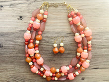 Load image into Gallery viewer, Sedona Sunrise Beaded Necklace, 3 strand Chunky statement necklace, big beaded necklace jewelry, red pink orange wood cream rosegold