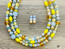 Load image into Gallery viewer, Sunny Stream Yellow & Blue Necklace, multi strand colorful jewelry, big beaded chunky statement necklace, aqua light blue necklace jewelry