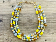 Load image into Gallery viewer, Sunny Stream Yellow & Blue Necklace, multi strand colorful jewelry, big beaded chunky statement necklace, aqua light blue necklace jewelry