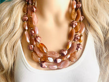 Load image into Gallery viewer, Roses & Mocha chunky necklace, brown beaded jewelry, resin tan beaded necklace, cinnamon necklace tan champagne coffee 3 strand