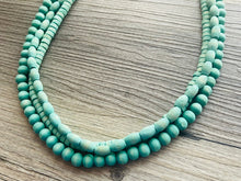 Load image into Gallery viewer, 3 Strand Wood Mint Green Stained Beaded Necklace, green Jewelry Chunky statement necklace, big beaded necklace jewelry, natural wood